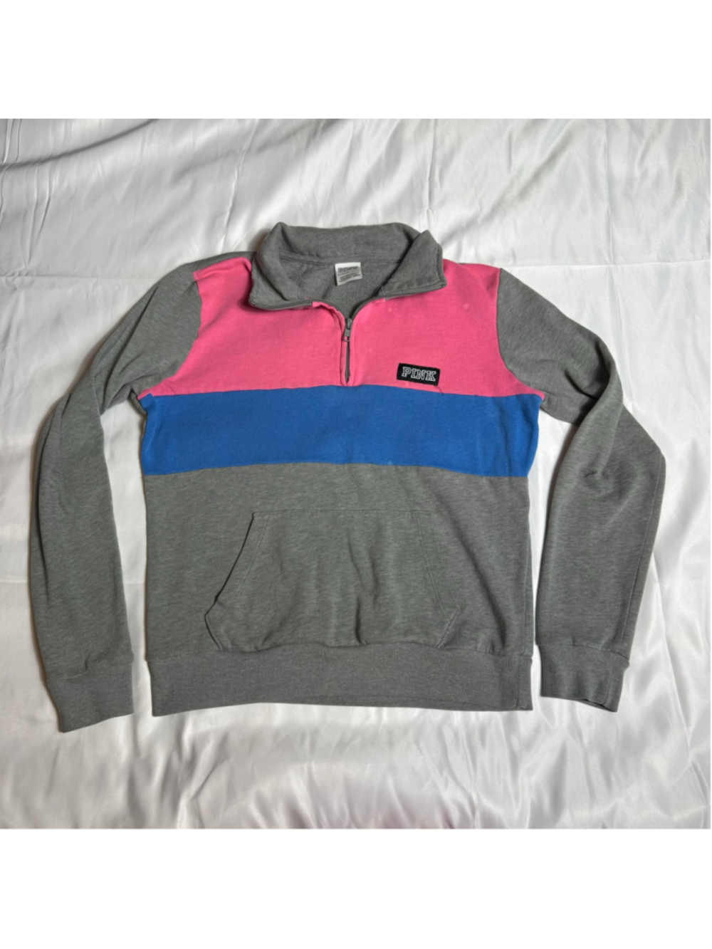 Women's PINK Victoria's Secret 1/4 Zip Sweatshirt XS Grey Pink Blue